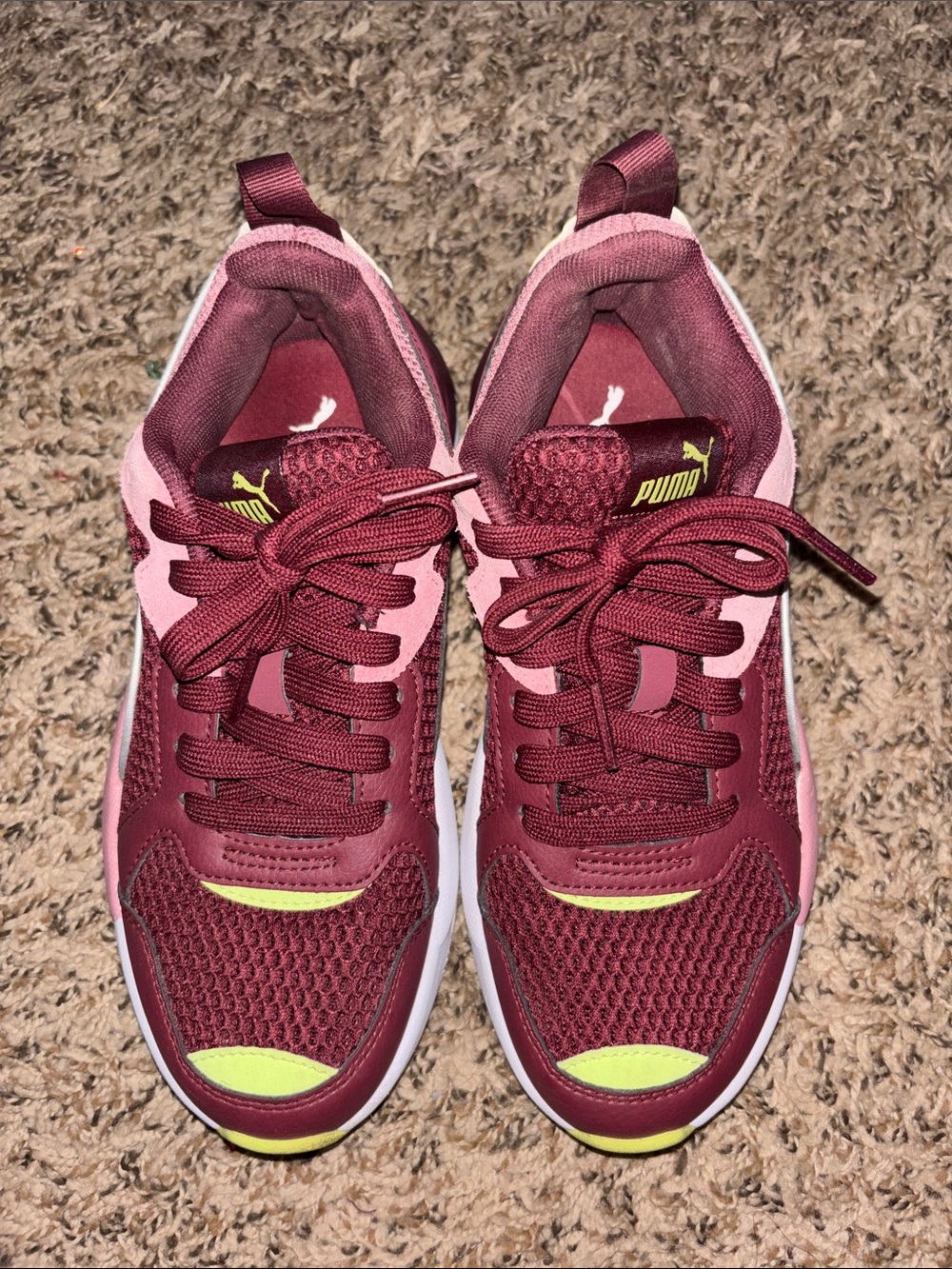 Puma Kids Burgundy and Pink Sneakers with Lime Accents